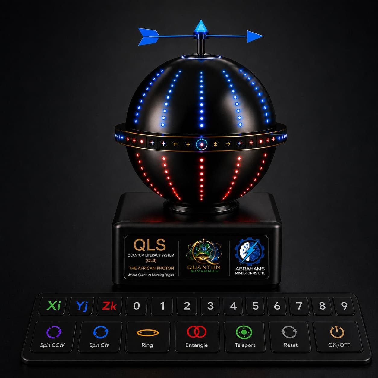 QLS — The African Photon: an illuminated sphere on a branded base above a control keypad