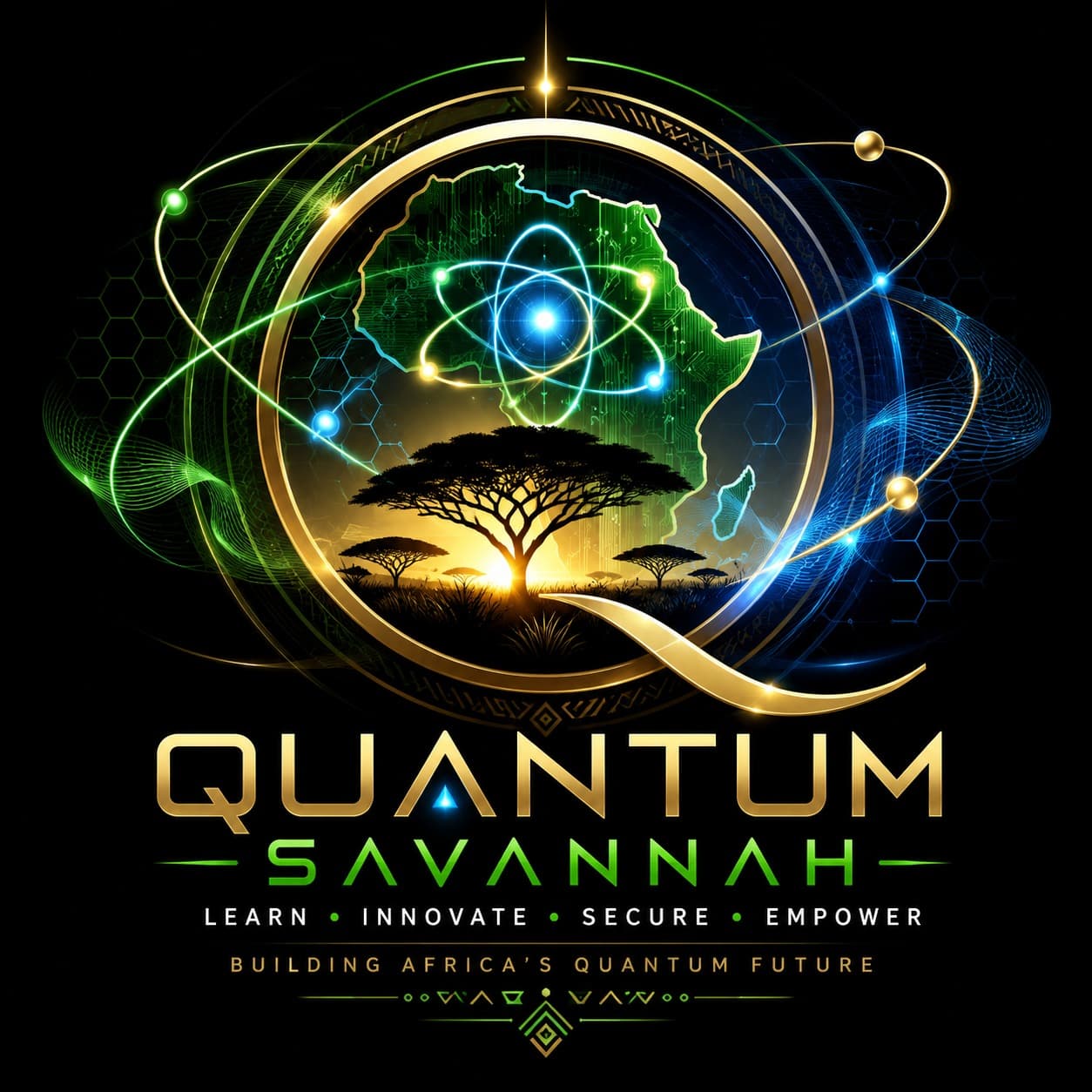 Quantum Savannah emblem — a golden Q framing the African continent, an atom and an acacia tree